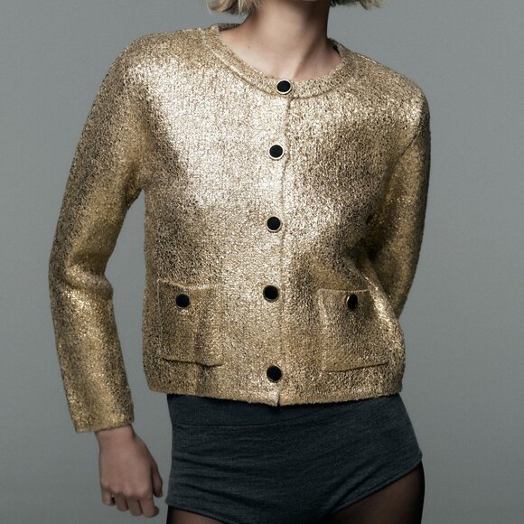 Zara Gold Foil/Lame Button-Up Cardigan - Picture 1 of 4